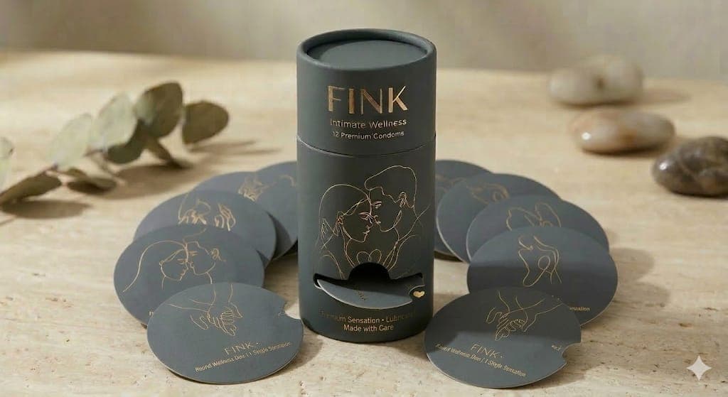 A cylindrical Fink Intimate Wellness 12 Premium Condoms dispenser surrounded by circular printed inserts on a tabletop.
