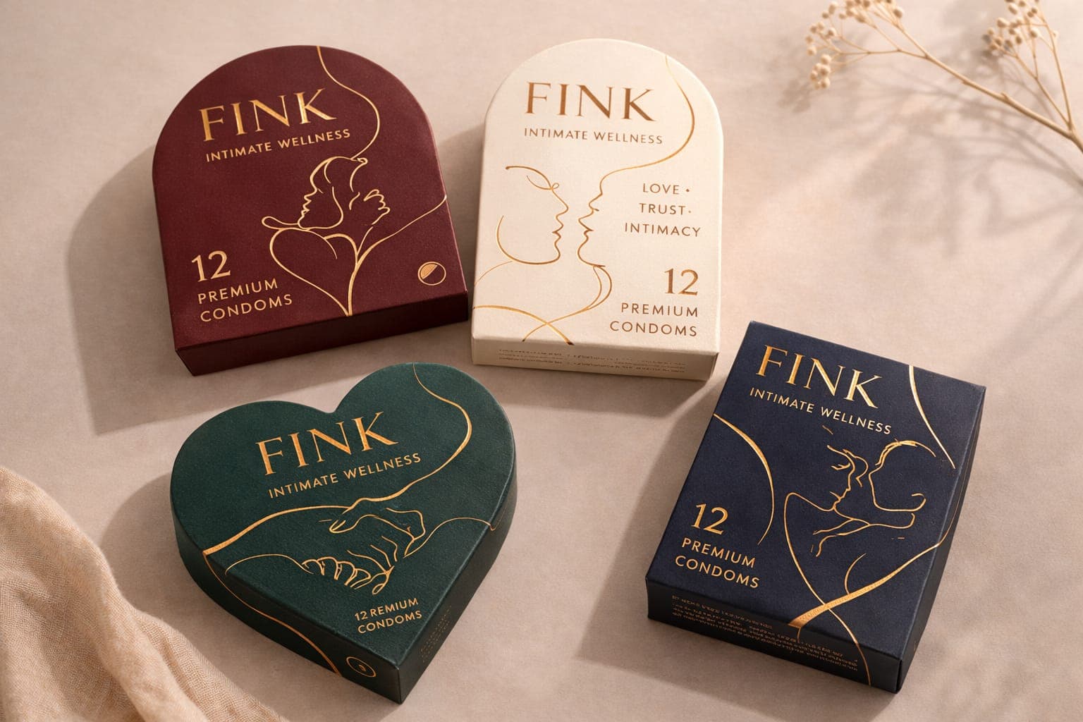 Four Fink 12 Premium Condoms packs in burgundy, cream, green, and navy, including a heart-shaped format.