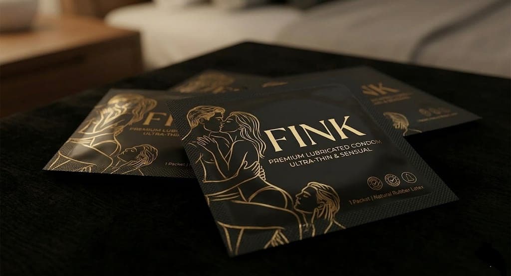 A close-up of Fink Ultra-Thin and Sensual premium lubricated condom sachets styled on a dark bedside surface.