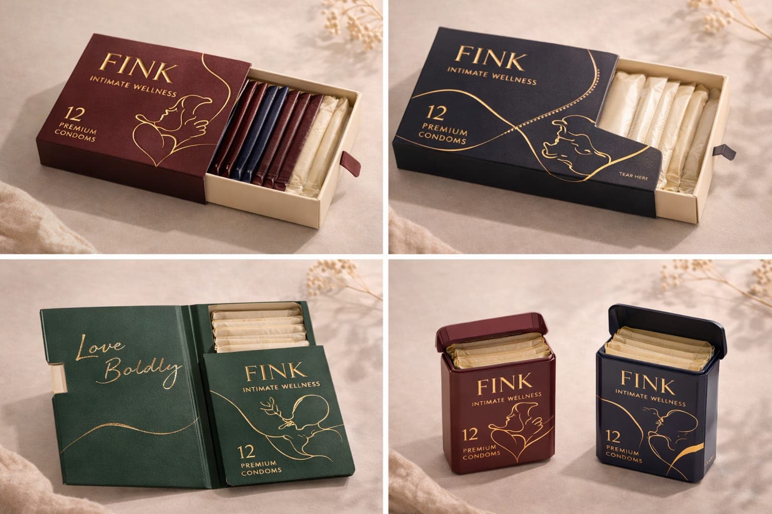 Open Fink 12 Premium Condoms packs and storage tins arranged in a four-panel collection layout.